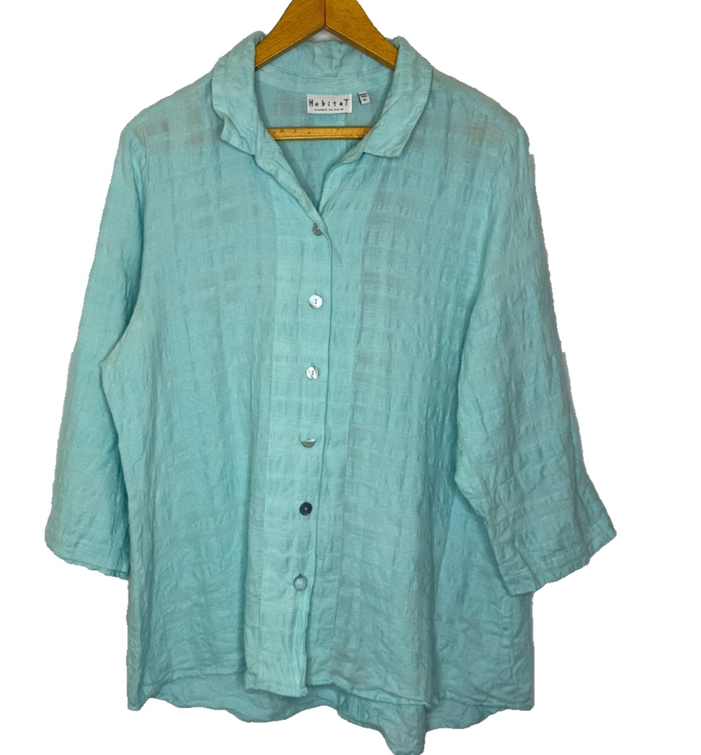 Women's XL Habitat Linen Cotton Blend Seersucker Teal Blue Button Down Lagenlook